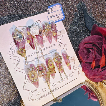 Qfdian 10Pcs High Quality Handmade Press on Nails Purple Jade Noble Elegant Luxurious Flower God Niche Style Spicy Drill  Decoration